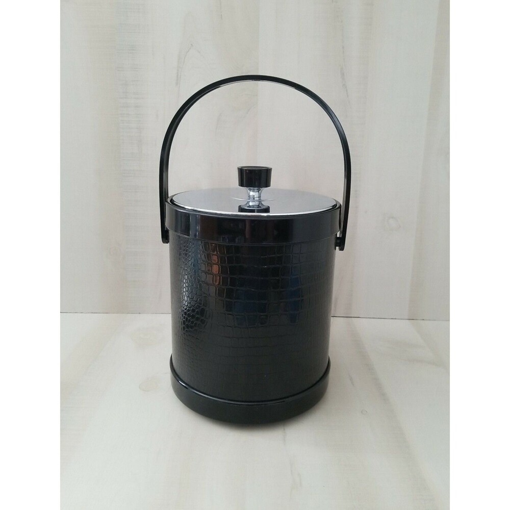 Vintage Atapco Ice Bucket Black Faux Alligator Chrome Mid Century Modern Black